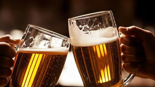 Two men toast beer mugs. Friends clinking beer glasses, celebrating success and friendship. Traditional brewery pub. Slow motion footage.