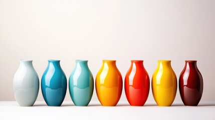 A vibrant collection of ceramic vases in various colors stands in a row, celebrating creativity and artistic expression, ideal for enhancing any decor with lively accents.