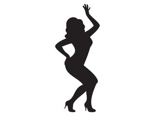 Silhouette of a dancing woman striking a pose, black silhouette against white background, graphic illustration. concept of dance, movement, female figure, artistic expression, performance