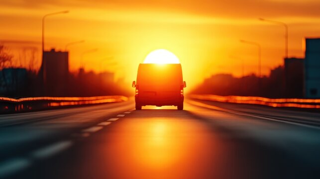 A silhouette of a van driving away from the camera with a breathtaking sunset in the background, signifying the promise of adventure and freedom on the open road.