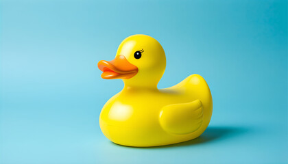 Fototapeta premium Bright Yellow Rubber Duck on Blue Background