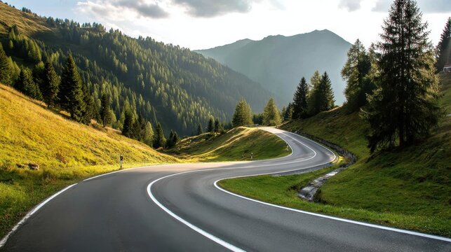 Winding asphalt road traversing verdant valley, bordered by pine forest and mountain ranges, offering scenic driving perspective