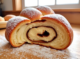 Sweet Bread Delights: A close-up shot showcases an appetizing baked good, its soft, fluffy layers intertwined with a rich, chocolatey filling, dusted with powdered sugar.