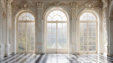 Obraz premium Luxurious palace interior bathed in soft natural light, revealing checkered marble flooring, ornate arched windows framing serene garden landscape with elegant, refined ambiance