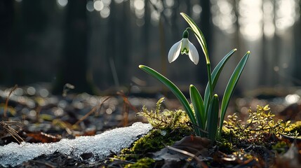 Delicate snowdrop emerging from winter's embrace.