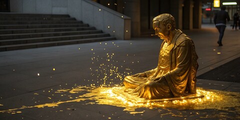 Ego as a golden statue collapsing into a puddle of light
