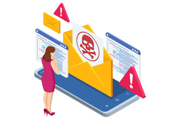 Isometric worried businesswoman standing on a smartphone screen, inspecting floating code windows and a yellow envelope with a skull icon and red alert signs, symbolizing a mobile phishing threat.
