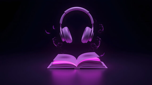 Casque audio blanc flottant au-dessus d’un livre ouvert avec effet néon rose glowing – Podcast et musique, isolé