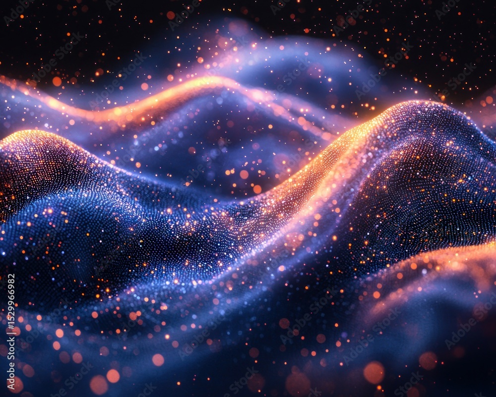 Sticker flowing digital waves with glowing particle highlights