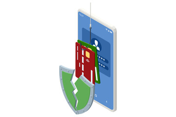 Isometric design showing a smartphone with a dangling fishhook pulling a login form off the screen, emphasizing credential-stealing phishing scams on mobile devices. Phishing attack