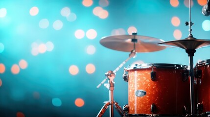 An artistic view of a drum set captured under soft stage lights, emphasizing the vibrant atmosphere and rhythm associated with live music performances.