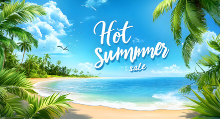 Hot summer sale promotional banner with tropical beach