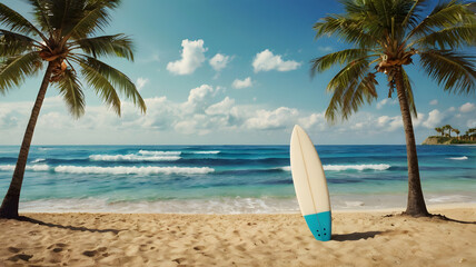 Surfboard and palm tree on beach background.
