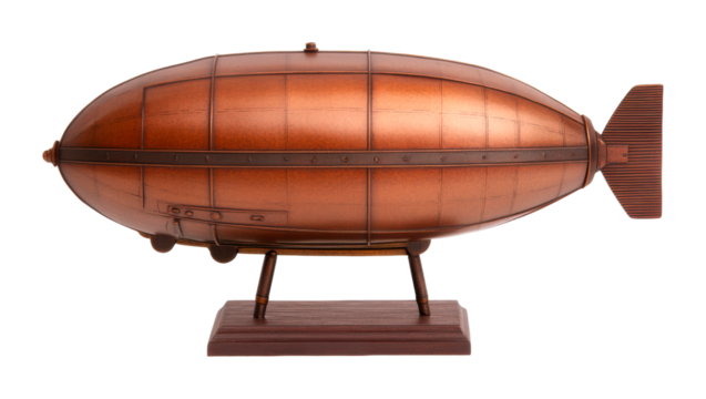 Vintage airship exploration museum exhibit model display indoor steampunk aesthetics isolated on transparent background