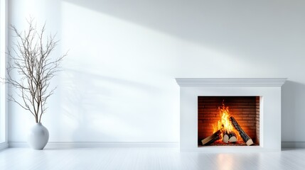 A sleek and modern fireplace is framed by minimalist decor in a stylish room, featuring soft lighting and a tall plant, embodying elegance and simplicity in home design.