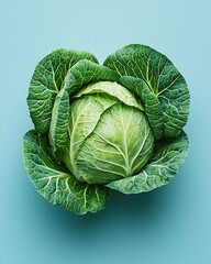 Fototapeta premium Fresh green cabbage, top-down, on a light blue background