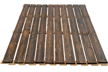 Wooden pallet with dark brown stained planks seen from above isolated on white or transparent png