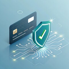 Secure credit card transactions illustrated with shield and circuit board design