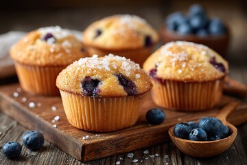 Freshly baked blueberry muffins with sugar crust on a rustic wooden table