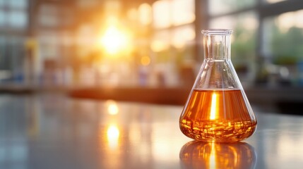 Illuminate a laboratory setting with an elegant flask filled with amber liquid, set against a backdrop of natural light, symbolizing innovation and scientific progress.