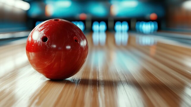 A striking red bowling ball rolls down a polished bowling lane, highlighting the sport's competitive spirit and the excitement of aiming for a strike in a lively atmosphere.