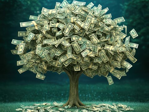 A lush tree with dollar bills as leaves, set against a blurred, dark green background.  Dollar bills fall from the branches onto the grass below