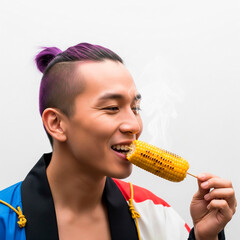An image of a vegan samurai man with short, vibrant hair styled in a neat bun against a pristine white background, joyfully savoring a delectable corncob skewer.