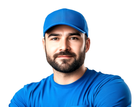 Active male model in blue attire studio setting portrait confident look isolated on transparent background
