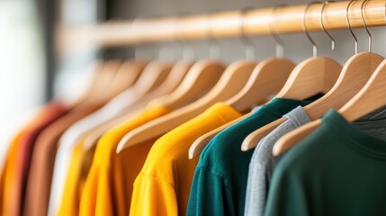 Obraz premium A vivid collection of assorted t-shirts arranged on wooden hangers, showcasing a spectrum of colors in a chic retail environment, perfect for fashion enthusiasts.