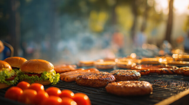 Friends enjoy a delightful barbecue in a park, grilling burgers, sausages, and vegetables as the sun sets, filling the air with mouthwatering aromas