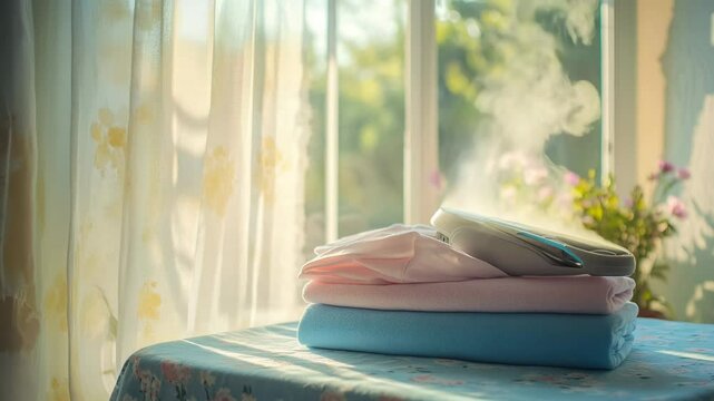 A stack of neatly folded linens in soft pastel colors sits on a table near a window. Sunlight filters through sheer curtains, illuminating the scene.