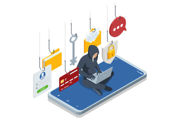 Isometric hooded hacker on a smartphone keyboard, surrounded by hooks snaring emails, login forms, credit cards, padlock icons, all flagged with red warning triangles to illustrate a phishing attack.