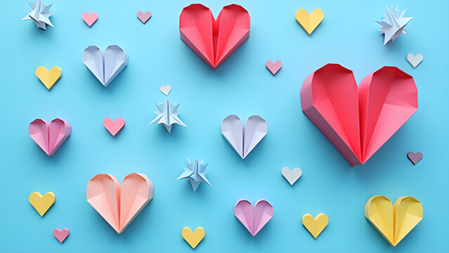 Colorful Origami Hearts on Blue Background Love and Art for Creative Design