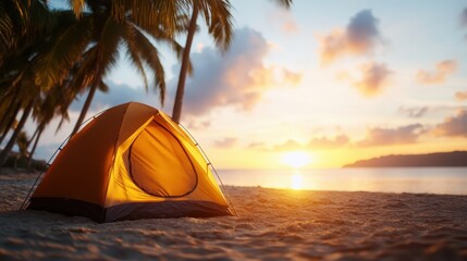 A picturesque beach campsite at sunset showcasing a vibrant tent amid swaying palm trees, epitomizing tranquility and outdoor adventure in a stunning natural landscape.