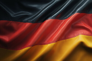 Naklejka premium German flag waving gently in the wind, black, red and gold stripes, soft natural lighting, clean white background or clear sky, calm and respectful atmosphere, symbol of national pride, AI generated