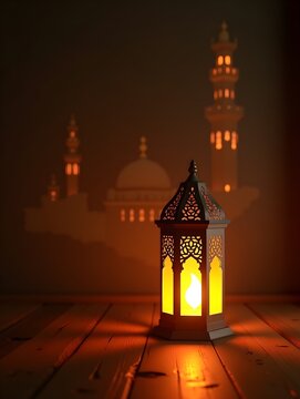 AI generated beautiful burning arabic lantern on wooden behind mosque background, ramadan