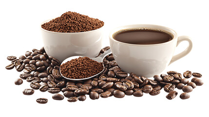 Naklejka premium Coffee cup with brewed coffee alongside coffee grounds and beans isolated on white or transparent png