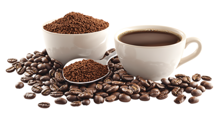 Coffee cup with brewed coffee alongside coffee grounds and beans isolated on white or transparent png