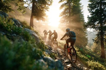 Fototapeta premium Cyclists navigate a scenic trail surrounded by towering trees and stunning sunlight in the mountains