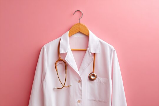 Medical lab coat hung on a hook with stethoscope against a pink background