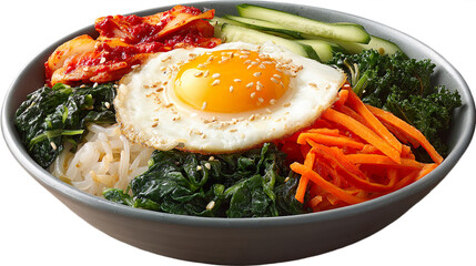 Korean Bibimbap with Fried Egg Kimchi Vegetables Gochujang in Stone Bowl