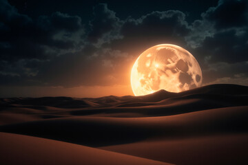 A large moon that is lit up against a cloudy sky.