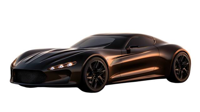 A sleek black luxury sports car is isolated on transparent background