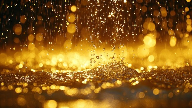 Golden water droplets splash in shimmering, bokeh light