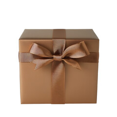 A brown metallic gift box with a bronze ribbon bow is isolated on transparent background