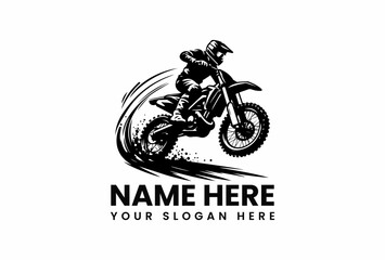 Stylized black vector logo featuring motocross bike mid-air with explosive dirt spray on rugged terrain