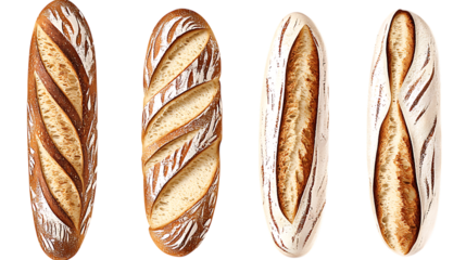 Four artisanal sourdough baguettes displayed isolated on white or transparent png