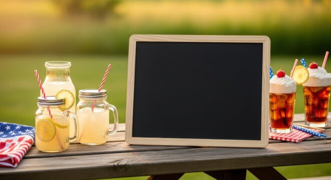 Blank blackboard surrounded by refreshing drinks, American flag napkin, on a picnic table. Summer outdoor party and Celebration United States Day concept.