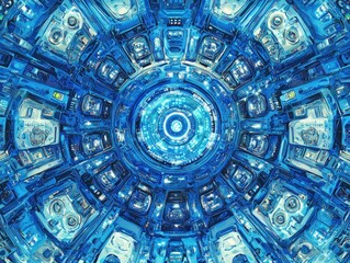 A mesmerizing, symmetrical digital artwork depicting a complex, circular technological structure with a glowing central core, radiating intricate details in shades of blue
