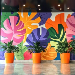 Vibrant wall mural with tropical leaves, three orange planters